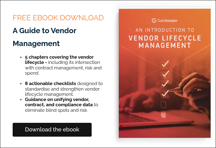 FREE EBOOK DOWNLOAD A Guide to Vendor Management 5 chapters covering the vendor lifecycle - including its intersection with contract management, risk and spend. 8 actionable checklists designed to standardise and strengthen vendor lifecycle management. Guidance on unifying vendor, contract, and compliance data to eliminate blind spots and risk.  
