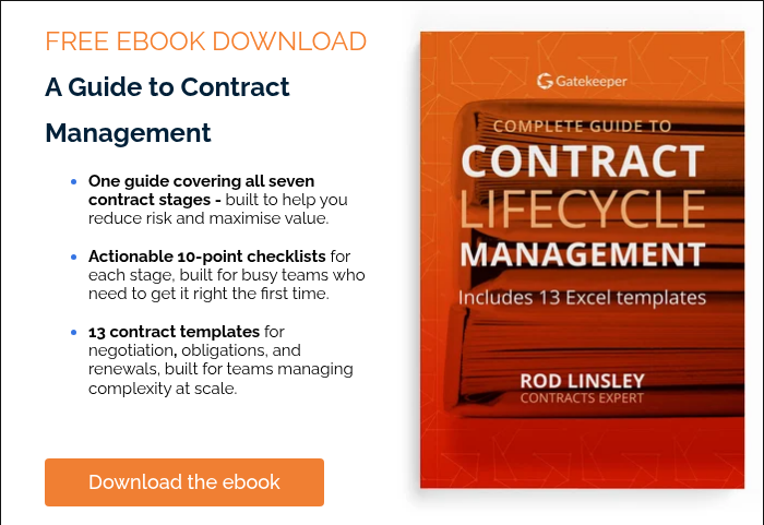 FREE EBOOK DOWNLOAD A Guide to Contract Management One guide covering all seven contract stages - built to help you reduce risk and maximise value. Actionable 10-point checklists for each stage, built for busy teams who need to get it right the first time. 13 contract templates for negotiation, obligations, and renewals, built for teams managing complexity at scale.    