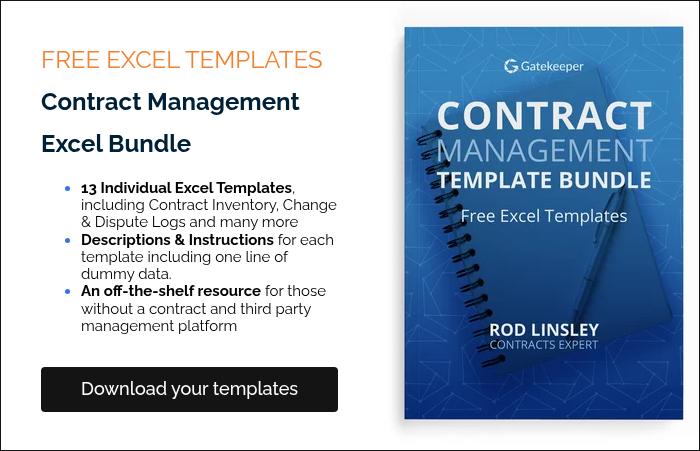 FREE EXCEL TEMPLATES Contract Management Excel Bundle  13 Individual Excel Templates, including Contract Inventory, Change & Dispute Logs and many more Descriptions & Instructions for each template including one line of dummy data. An off-the-shelf resource for those without a contract and third party management platform  