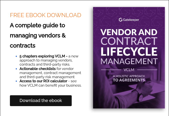 FREE EBOOK DOWNLOAD A complete guide to managing vendors & contracts 5 chapters exploring VCLM - a new approach to managing vendors, contracts and third-party risks.  Actionable checklists for vendor management, contract management and third-party risk management Access to our ROI calculator - see how VCLM can benefit your business.  