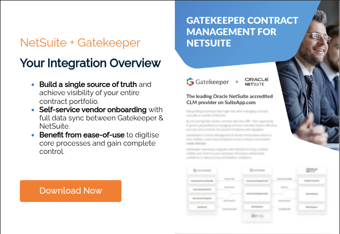 NetSuite + Gatekeeper Your Integration Overview Build a single source of truth and achieve visibility of your entire contract portfolio. Self-service vendor onboarding with full data sync between Gatekeeper & NetSuite.  Benefit from ease-of-use to digitise core processes and gain complete control.  
