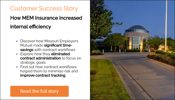 Customer Success Story How MEM Insurance increased internal efficiency Discover how Missouri Employers Mutual made significant time-savings with contract workflows Explore how they eliminated contract administration to focus on strategic goals Find out how contract workflows helped them to minimise risk and improve contract tracking  